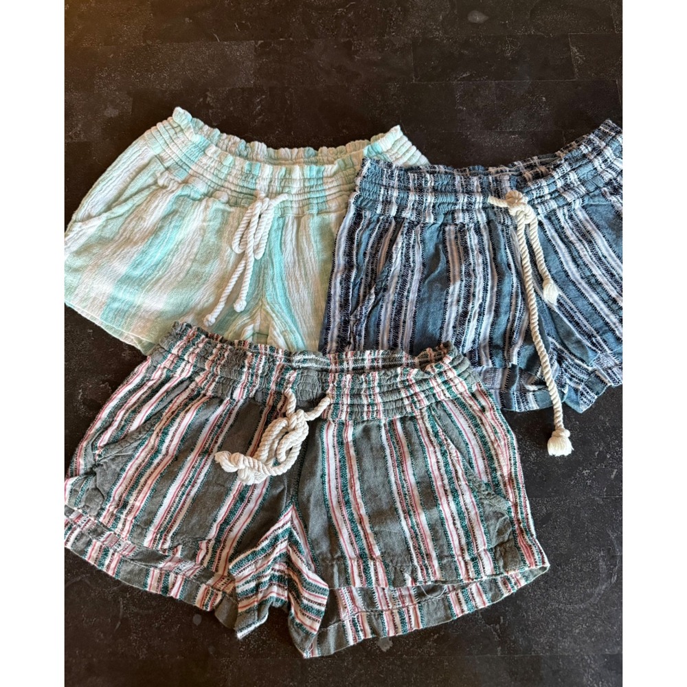 Roxy Women Striped Beach Shorts Bundle Set of 3 Paper Bag Waist Euro Summer Boho